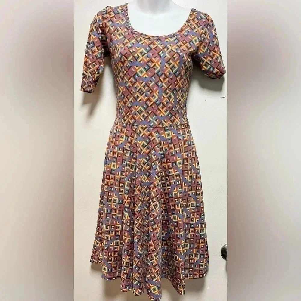 Lularoe Nicole Red Blue Geometric Printed Dress Size